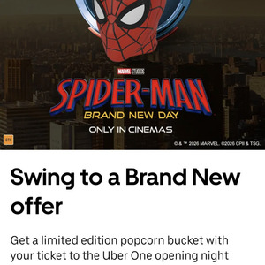 [Uber One] Free Limited Edition Popcorn Bucket with Your Uber One Opening Night Ticket to Spider-Man Movie