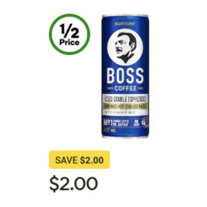 ½ Price: Suntory Boss Iced Coffee 237ml Varieties $2ea