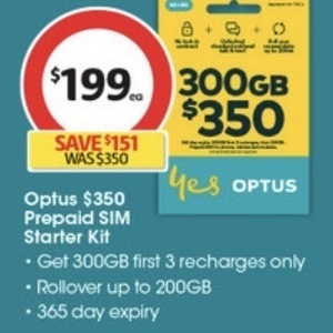 Optus 300 GB $350 Pre-Paid Sim $199