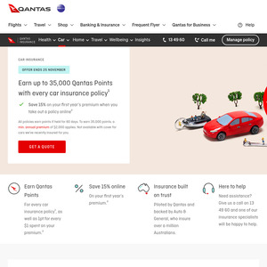 Earn up to 35,000 Qantas Points with every car insurance policy and 15% off on your 1st year premium