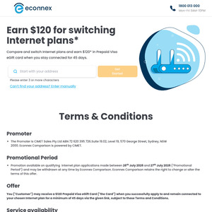 Compare, Switch Internet Plan & Stay 45 Days for Bonus $120 Prepaid Visa eGift Card via Econnex