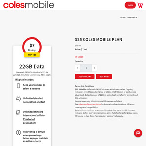 Coles Mobile 22GB 28-Day Prepaid Starter Pack (Unlimited Call & Text to 15 Countries) $7 Delivered or In-Store (Was $25)