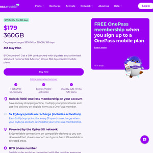 OnePass Mobile 365-Day 360GB Prepaid Mobile Plan $179 Delivered + Bonus OnePass Membership