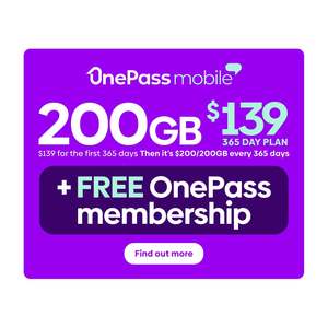 OnePass Mobile 365-Day Prepaid SIM Plan 200GB $139 Delivered + Bonus 1 Year OnePass Membership