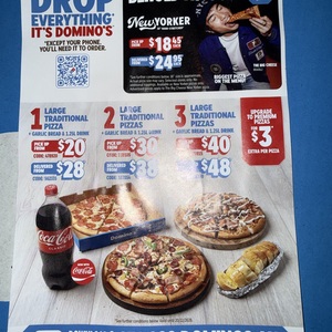 Domino’s - 1 Large Traditional Pizza + 1.25L Drink + Garlic Sauce $20 Pickup / 2 Pizzas $30 / 3 Pizzas $40