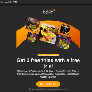 [Prime] Free for New/Returning Subscribers: 1 Month Audible Premium Plus + 2 Credits